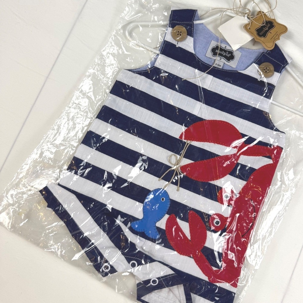Mud Pie Crab Shortall Unisex 0-6M Navy White Stripe Nautical Infant NWT Hangar